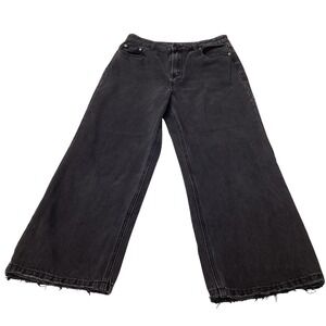 Glassons Black Denim Wide Leg Crop Jeans Distressed Raw Hem Size 12